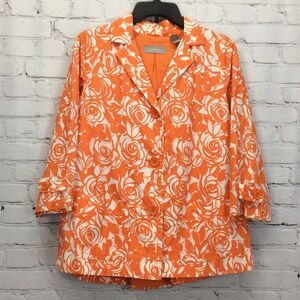 Liz Claiborne Jacket Women's Size M Orange/White Rose Swirl Print Button Pockets